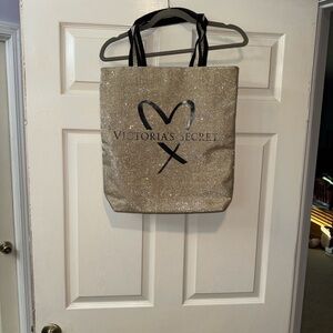 Victoria’s Secret Sparkly Gold Tote w/ Black Heart Logo – Like New Condition
